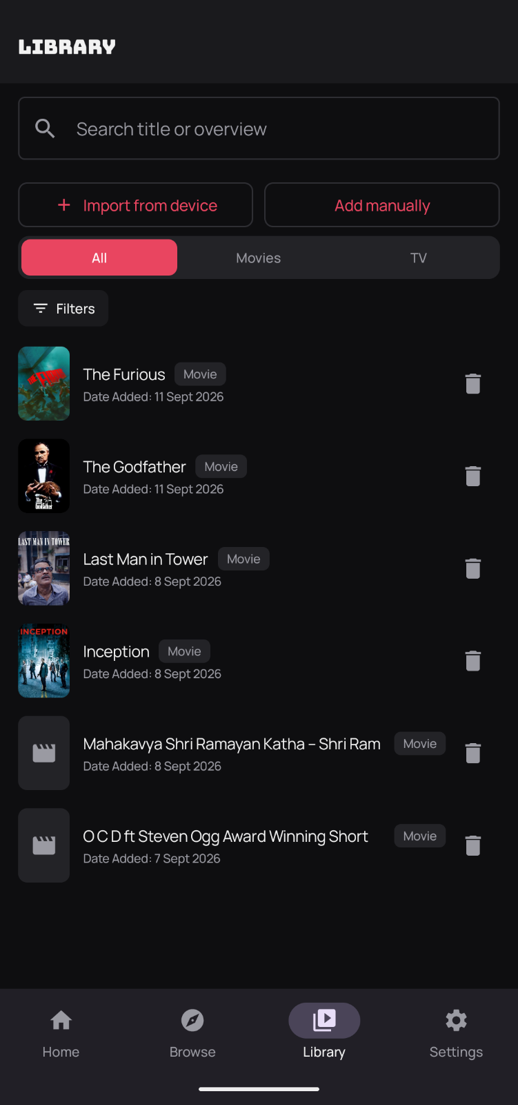 Mofy Library screen listing saved movies with posters, type labels, and dates added, above an All / Movies / TV filter and a Filters button.