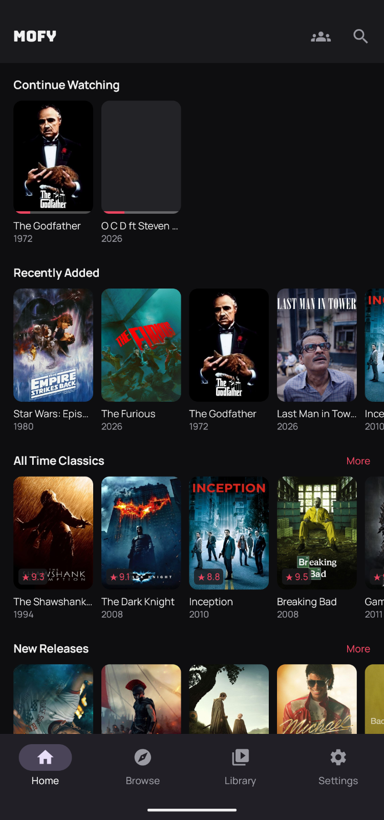 Mofy home screen with horizontal rows for Continue Watching, Recently Added, All Time Classics, and New Releases.