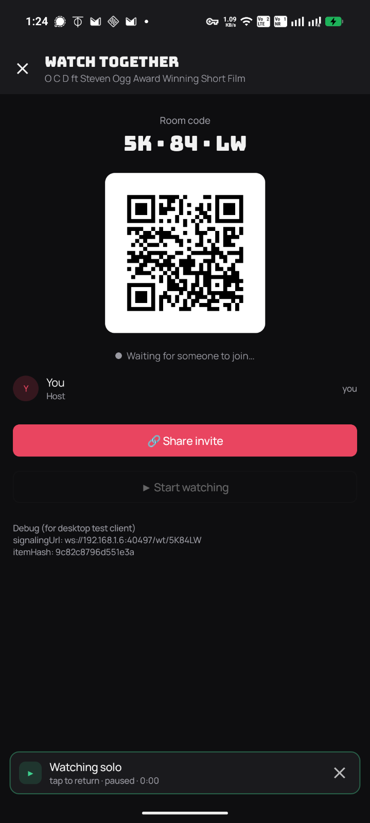 Mofy Watch Together screen showing a room code, a QR invite code, a waiting message, and a Share invite button.