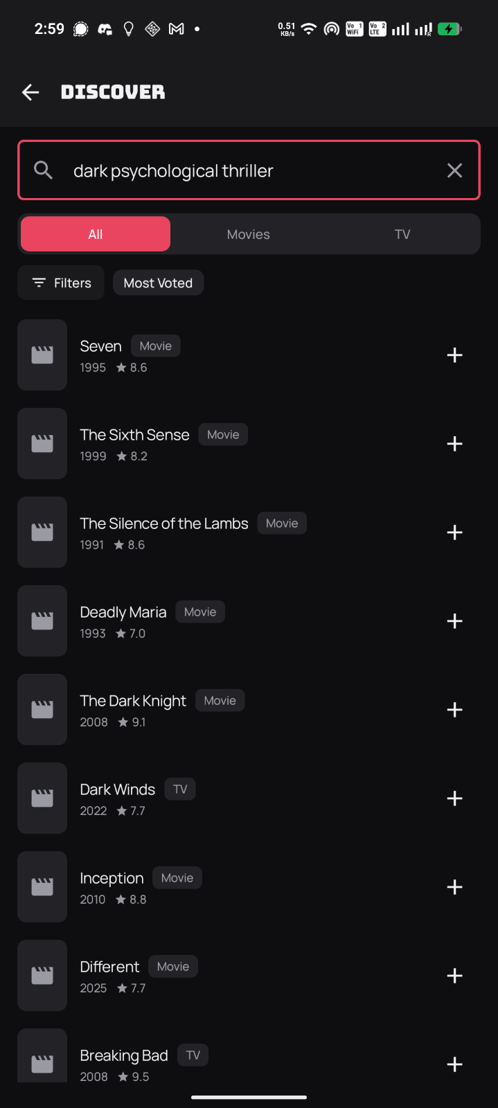Mofy Discover screen showing the query “dark psychological thriller” and matching results such as Seven, The Sixth Sense, and The Silence of the Lambs.