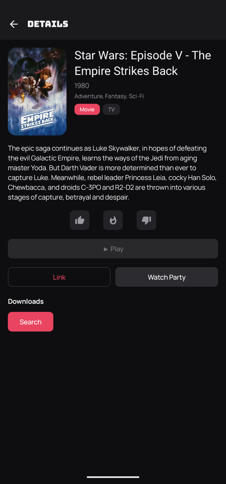 Mofy detail screen for Star Wars: Episode V - The Empire Strikes Back, showing the poster, synopsis, and a Link button next to Watch Party.