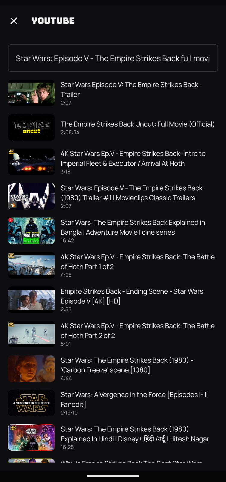 Mofy YouTube search screen, titled YOUTUBE, showing a full-movie query and results that mix trailers with a full-length upload and their durations.